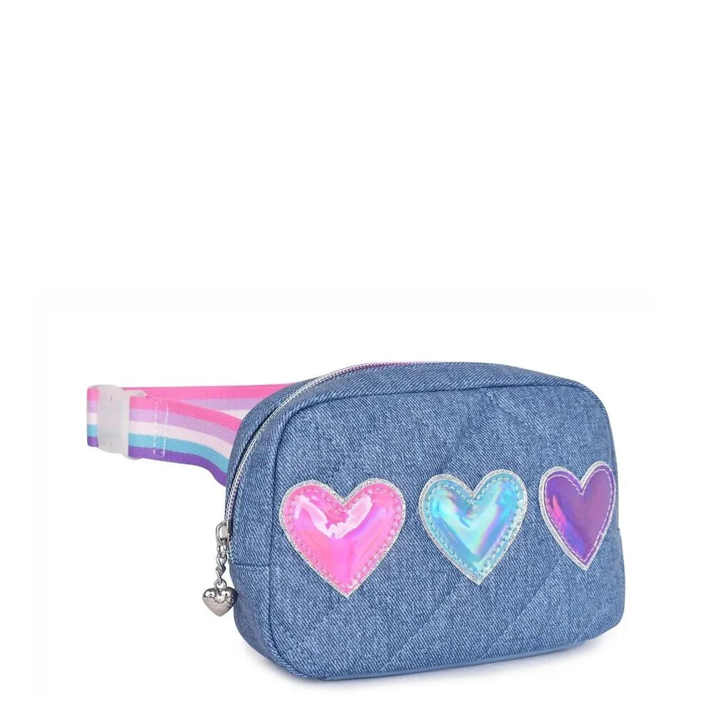 OMG Accessories Metallic Heart-Patched Quilted Denim‎ Fanny Pack - One Size